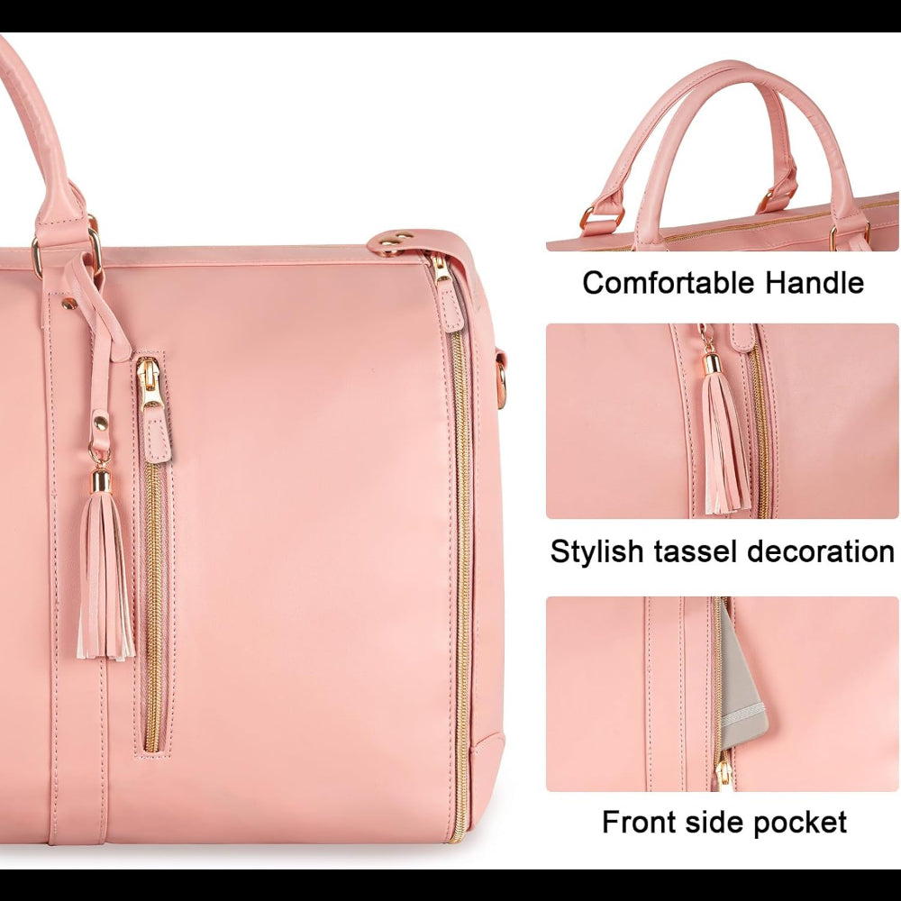 Carry On Garment Bag, Large PU Leather Garment Duffle Bag for Women, Waterproof Convertible Garment Bags for Travel with Shoe Pouch, 2 in 1 Hanging Suitcase Dress Suit Travel Bags, Pink