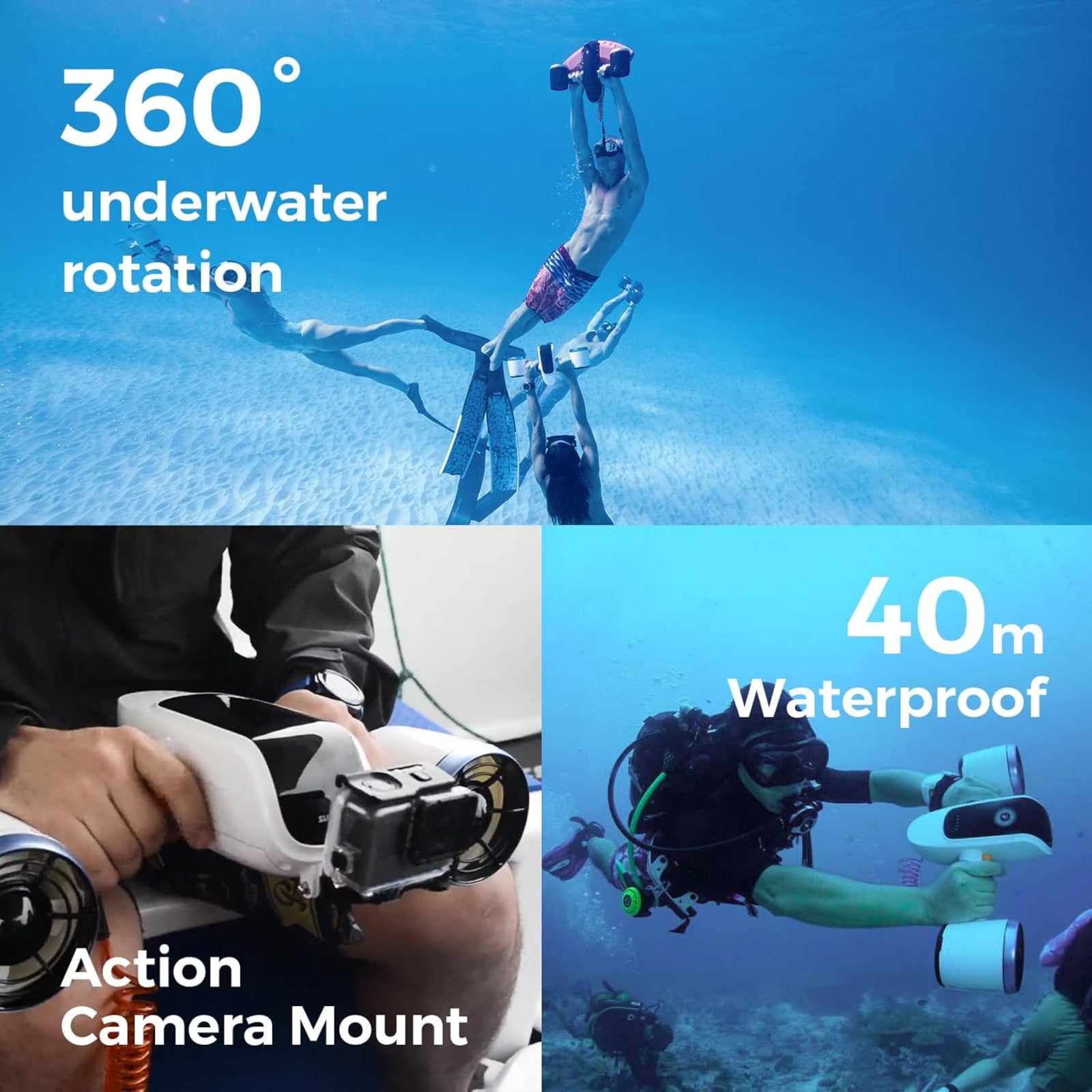 Mix Underwater Scooter with Action Camera Mount 30 Minutes 10 kgf 40M Waterproof Dual Motors Water Sports Swimming Pool Diving Snorkeling Water Scooter for Kids Adults