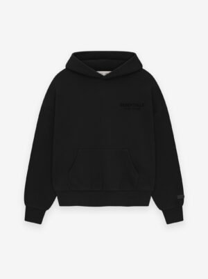 Front and detailed views of authentic jet black Essentials apparel featuring high-density tonal branding, managed by Zizzle LLC.