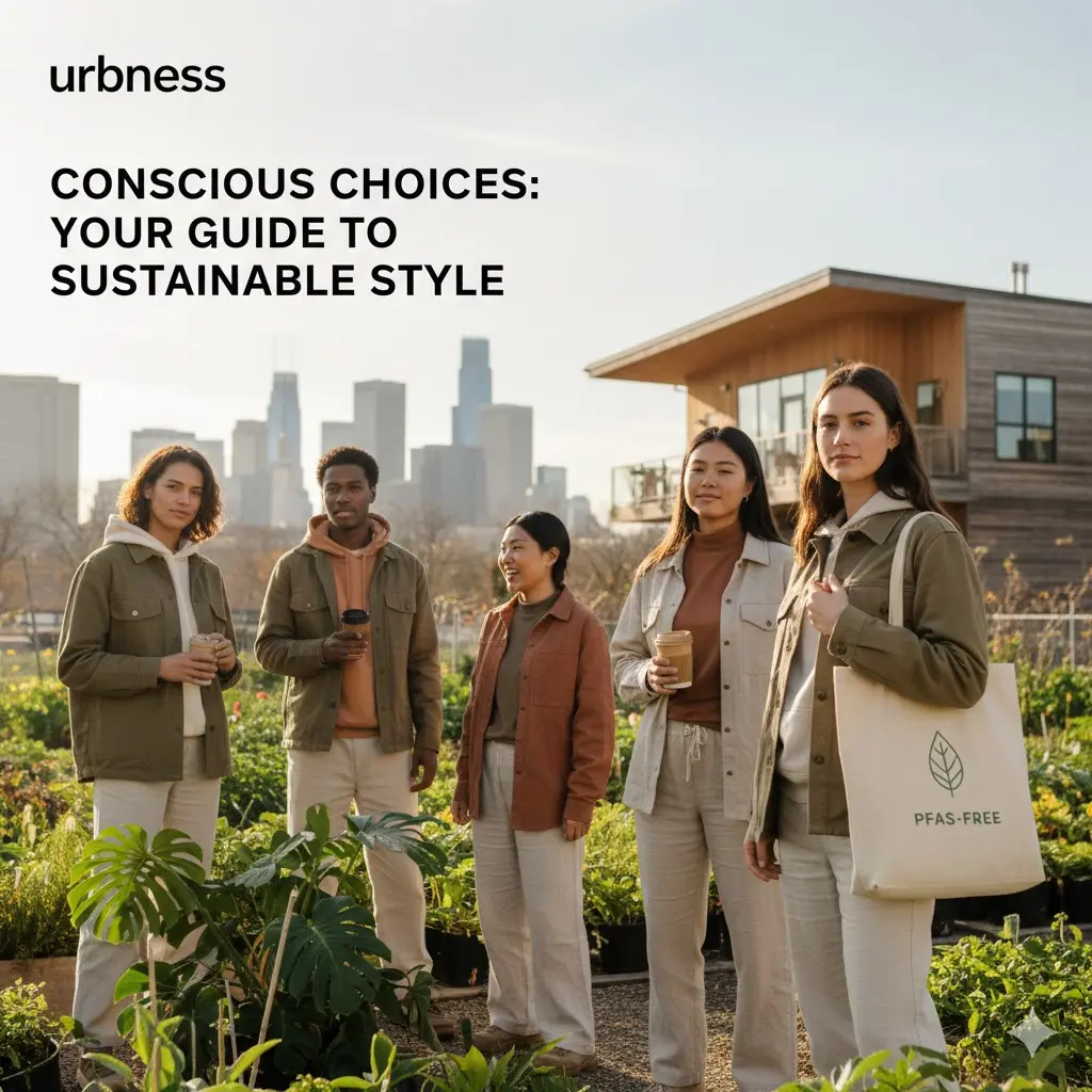 Diverse group of friends wearing sustainable, PFAS-free hoodies and streetwear in an urban garden setting, representing Urbness's conscious fashion brand.