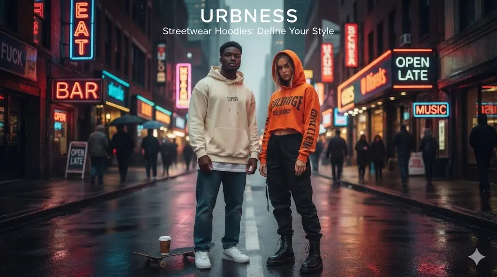 A woman wearing a maroon oversized Essentials hoodie and matching joggers on a New York City street, lifestyle streetwear photography by URBNESS (Zizzle LLC).