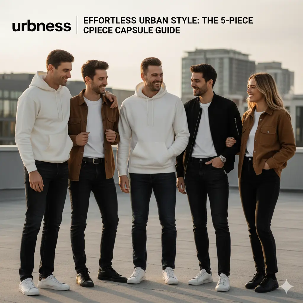 Group of diverse models on a city rooftop wearing URBNESS urban capsule wardrobe essentials including hoodies, bomber jackets, dark denim, and white sneakers.