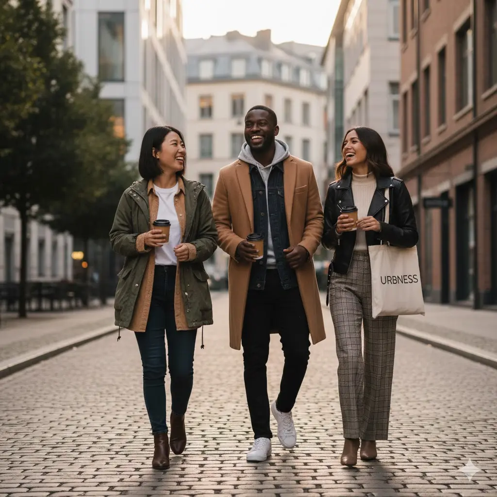 Diverse group of friends wearing sustainable, PFAS-free hoodies and streetwear in an urban garden setting, representing Urbness's conscious fashion brand.