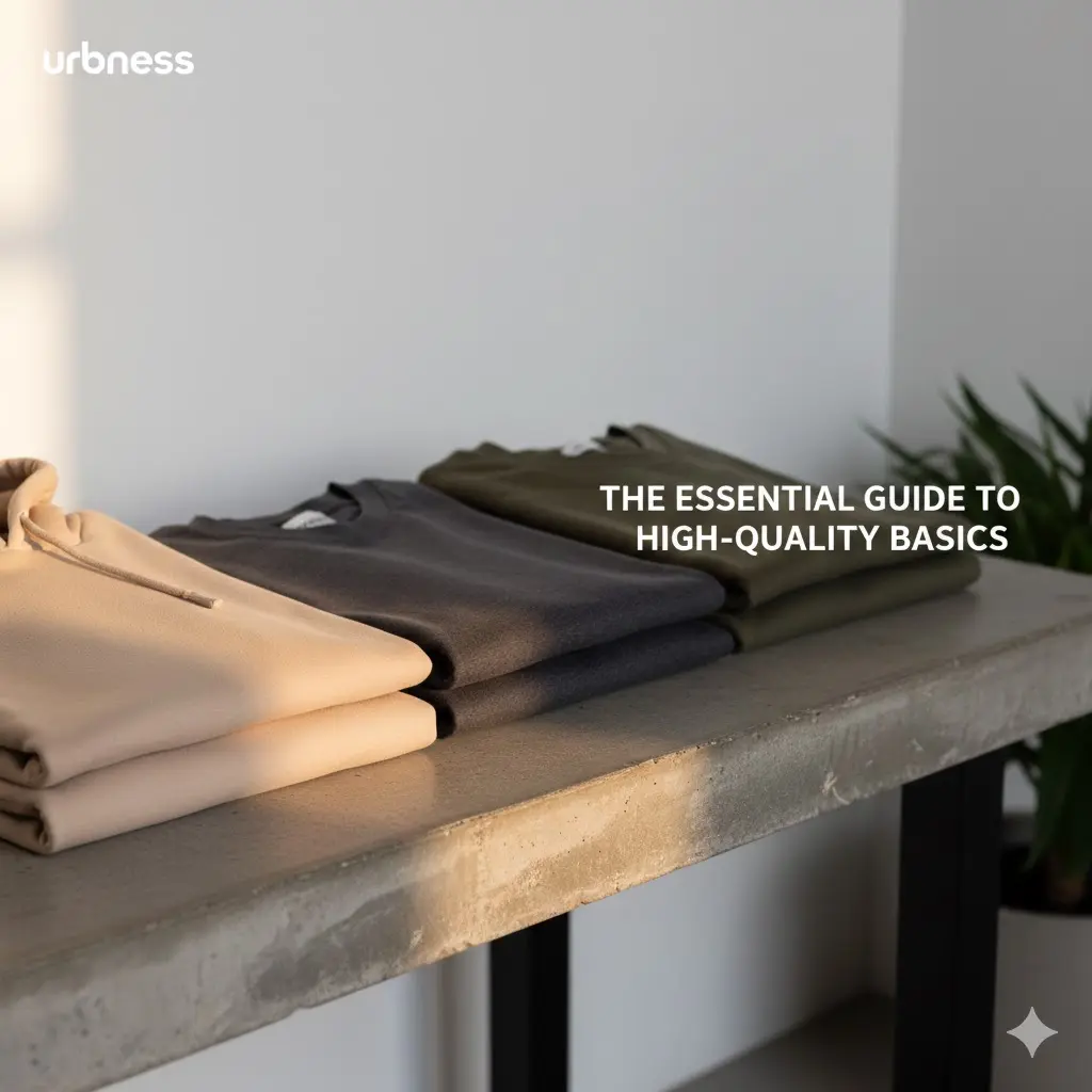 Close-up shot of neutral-toned URBNESS essential hoodies and tees arranged neatly, showcasing premium fabric texture