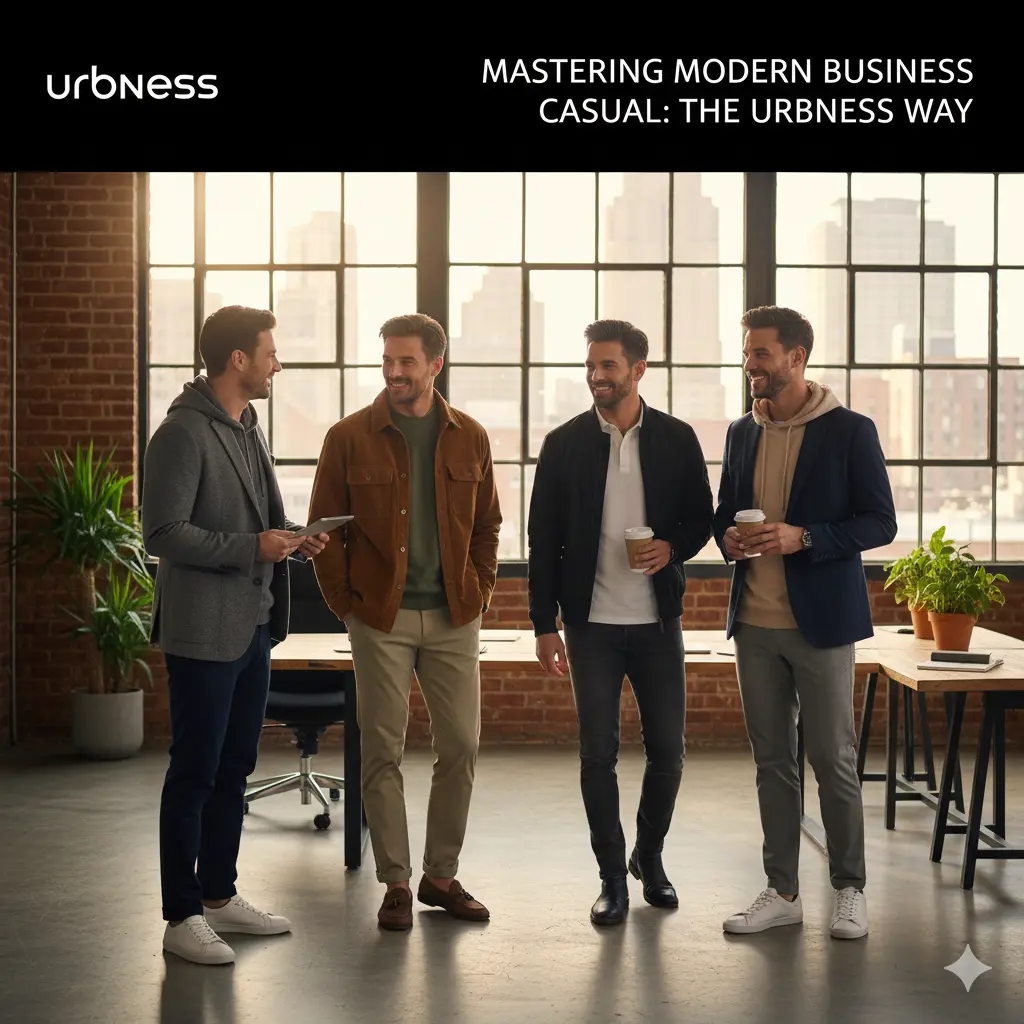 Group of diverse men wearing Urbness modern business casual outfits, including premium hoodies, blazers, and chinos, in a contemporary urban office setting.