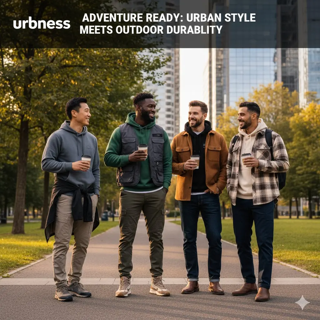 Group of diverse men wearing Urbness outdoor-inspired urban style, featuring durable hoodies, cargo pants, and utility jackets, in a modern city park setting.