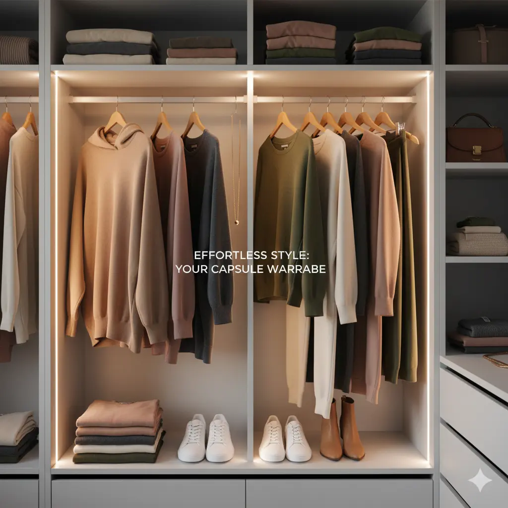 Neatly organized women's capsule wardrobe featuring URBNESS premium hoodies, tees, and versatile basics in neutral colors.