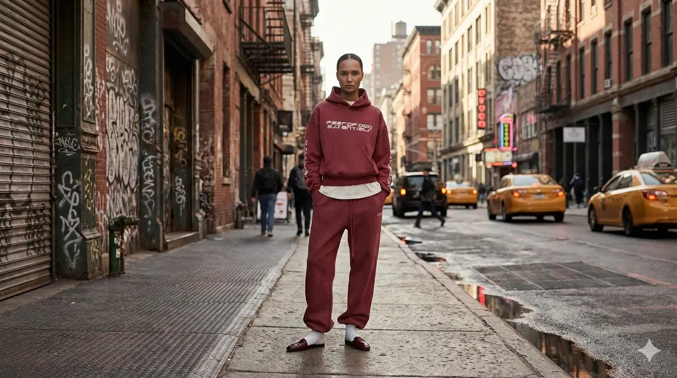 Front view of a black Essentials hoodie by URBNESS, showing the signature boxy silhouette and dropped shoulders, premium streetwear by Zizzle LLC.